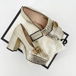 Gucci Gold Metallic Crackled Leather GG Marmont Fringe Platform Heels EU 36